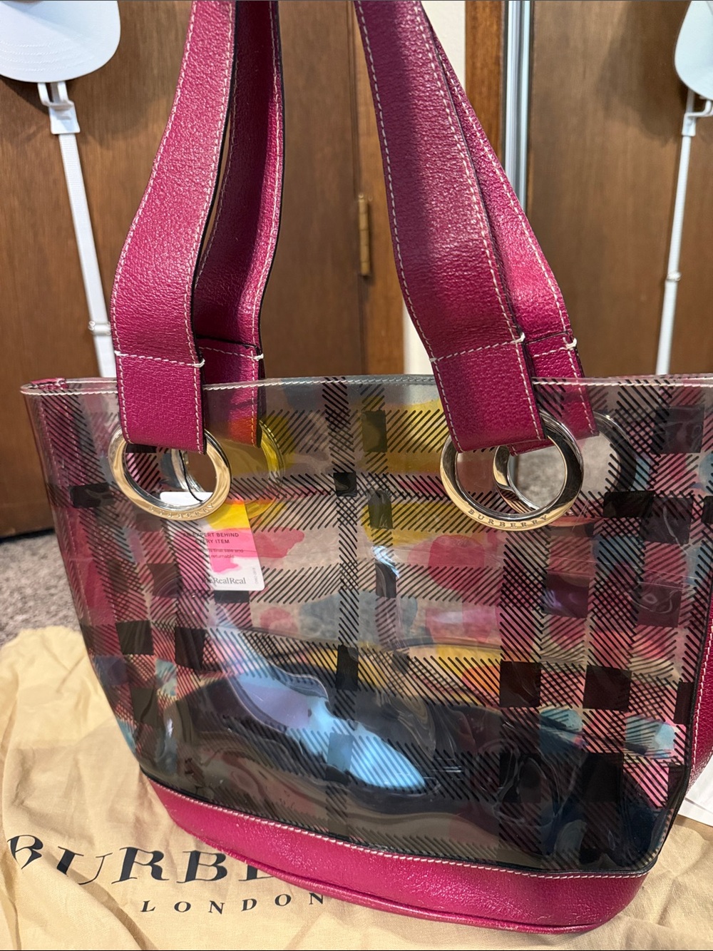 Burberry Pink Transparent Plaid Tote with Gold Rings